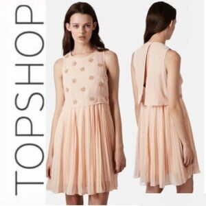 Topshop Pink Tulle Pleated Floral Sequins Mini Dress